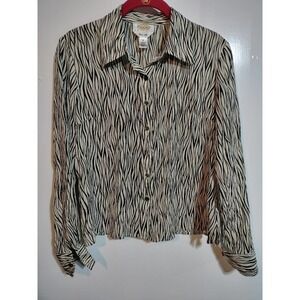 Talbots 100% silk blouse size 6 Petite crinkle black, gray, cream wavy lines